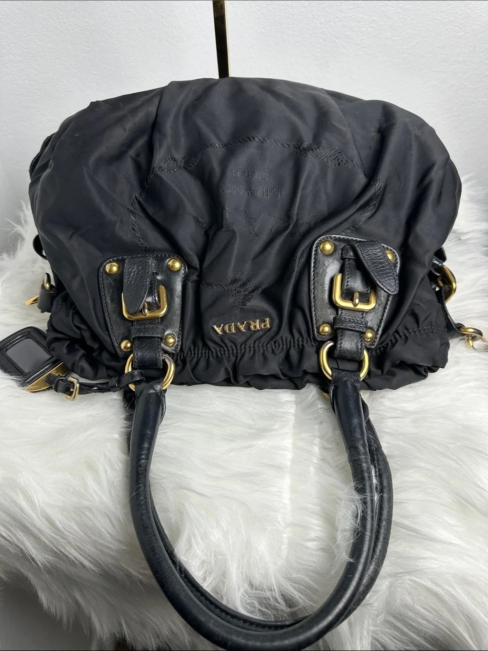 💯Authentic Prada Tessuto Nylon Gathered Satchel Shoulder Bag Black🍀